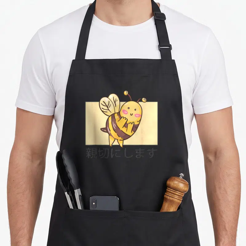 Tablier de cuisine noir avec une abeille kawaii mignonne aux joues roses et un texte en caractères japonais sous l'illustration.