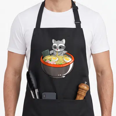 Tablier de cuisine noir avec illustration d'un racoon mangeant des nouilles ramen dans un bol coloré au style kawaii