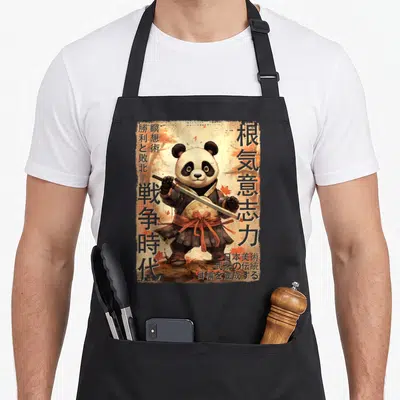 Tablier de cuisine noir avec illustration d'un panda samouraï tenant une katana.