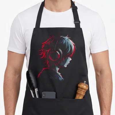 Tablier de cuisine noir avec illustration d'un profil portant un casque aux cheveux rouges et bleus.