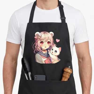 Tablier de cuisine noir avec illustration d'une fille anime aux cheveux roses tenant un chat blanc mignon dans un style kawaii otaku.