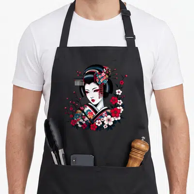 Tablier de cuisine noir avec illustration Geisha Beauty Blossom kimono floral et fleurs roses rouges