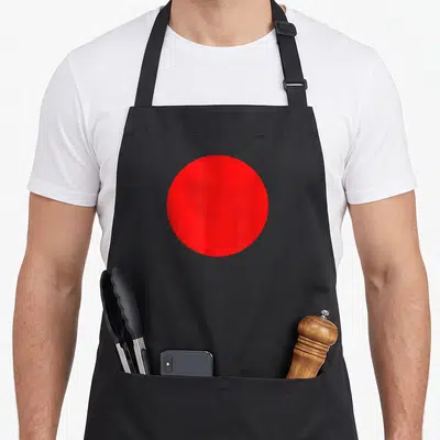 Tablier de cuisine noir avec un grand cercle rouge central représentant le drapeau du Japon.