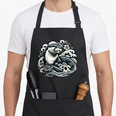 Tablier de cuisine noir avec illustration circulaire d'une loutre entourée de vagues et de fleurs au style gravure japonaise.