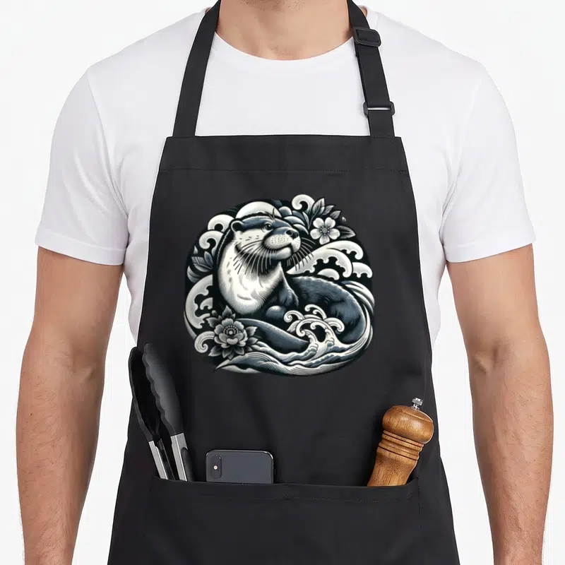 Tablier de cuisine noir avec illustration circulaire d'une loutre entourée de vagues et de fleurs au style gravure japonaise.