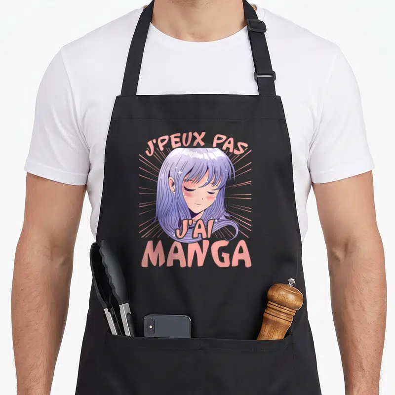 Tablier de cuisine noir avec illustration d'une fille aux cheveux violets et texte rose J'peux pas j'ai manga