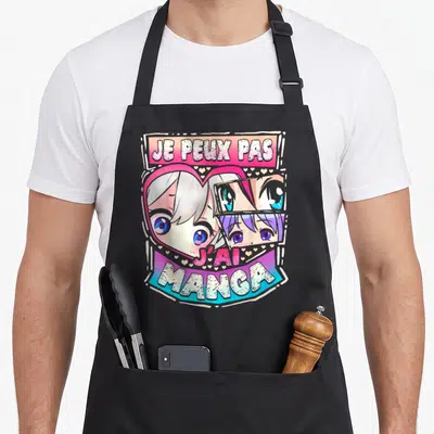 Tablier de cuisine noir avec illustration manga rose et bleue et texte Je peux pas j'ai manga