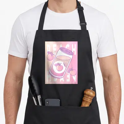 Tablier de cuisine noir avec illustration d'une canette de soda à la pêche peach et des fruits roses sur fond grid vaporwave.