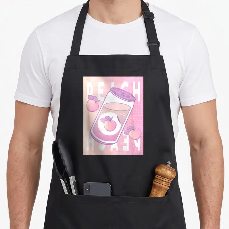 Tablier de cuisine noir avec illustration d'une canette de soda à la pêche peach et des fruits roses sur fond grid vaporwave.