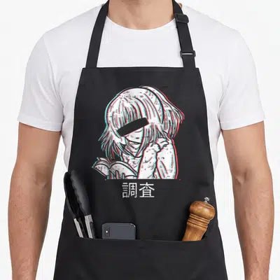Tablier de cuisine noir avec illustration glitch d'une fille lisant et les kanjis en bas.