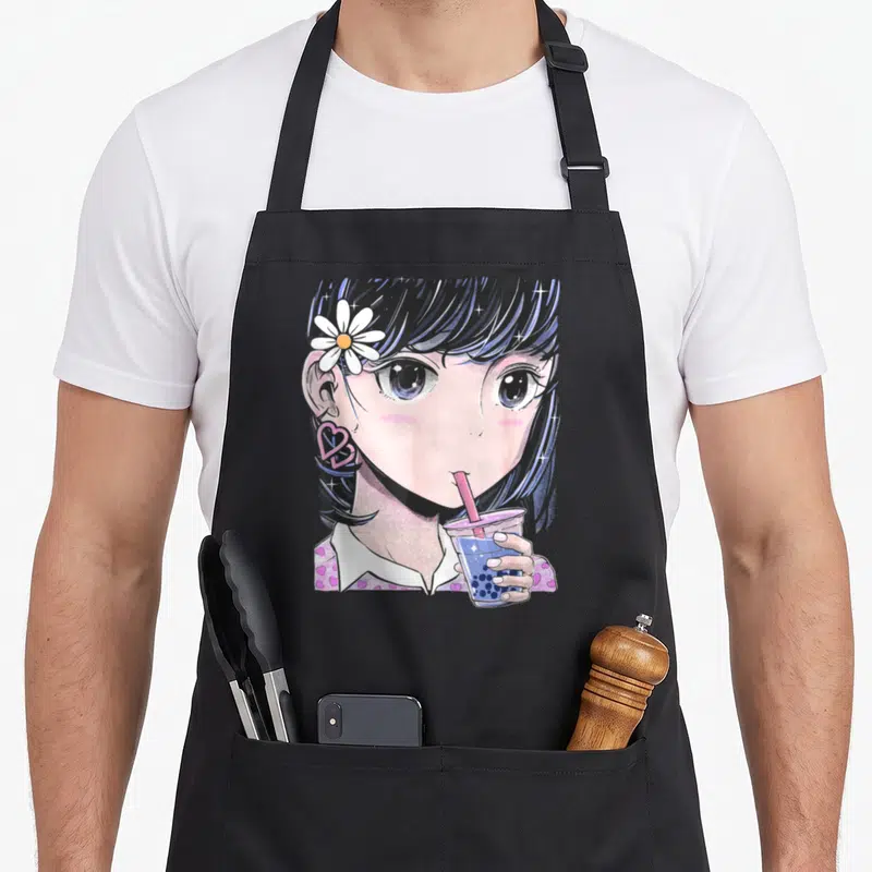 Tablier de cuisine noir avec illustration d'une fille manga aux cheveux foncés buvant un thé aux perles.