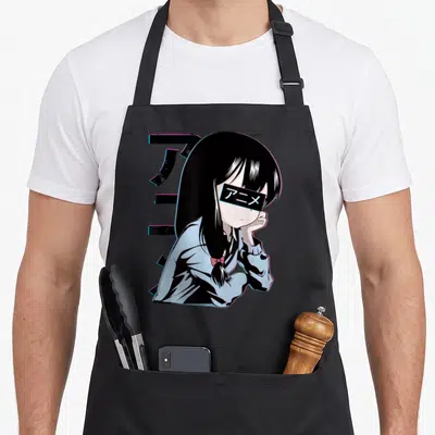 Tablier de cuisine noir avec illustration d'une fille manga aux cheveux noirs et bandeau sur les yeux.
