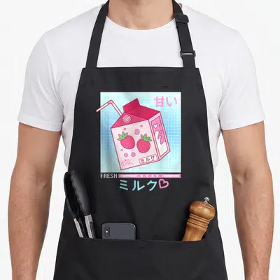 Tablier de cuisine noir avec illustration colorée d'une boîte de lait fraise rose sur fond quadrillé bleu clair style rétro numérique.