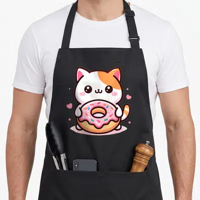 Tablier de cuisine noir avec un chat blanc et orange tenant un donut rose à paillettes colorées.