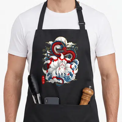 Tablier de cuisine noir avec illustration d'un renard à neuf queues blanc et d'un dragon rouge sur fond de lune et d'ondes.