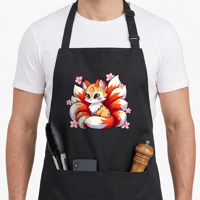 Tablier de cuisine noir avec illustration d'un renard Kitsune à neuf queues et fleurs de cerisier roses en style kawaii.