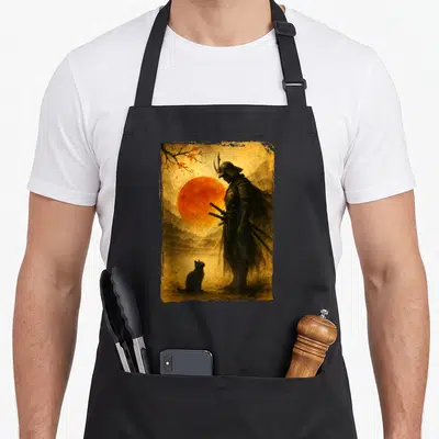Tablier de cuisine noir avec illustration d'un samouraï et d'un chat noir devant un soleil rouge, style art japonais vintage.