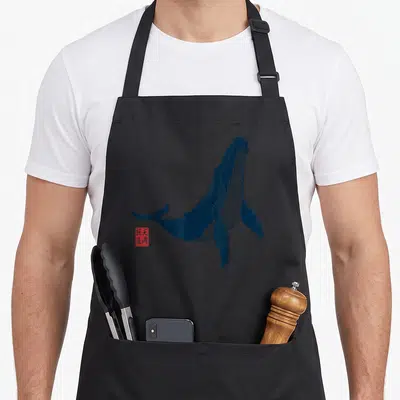 Tablier de cuisine noir avec illustration bleue d'une baleine et sceau rouge à l'encre japonaise.