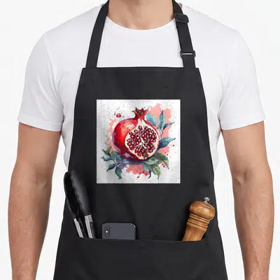 Tablier de cuisine noir avec une grenade coupée en aquarelle rouge et des feuilles bleutées sur fond texturé.