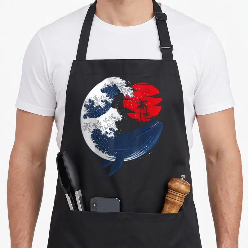 Tablier de cuisine noir avec une illustration circulaire d'une vague de baleine bleue et d'un soleil rouge tropical.