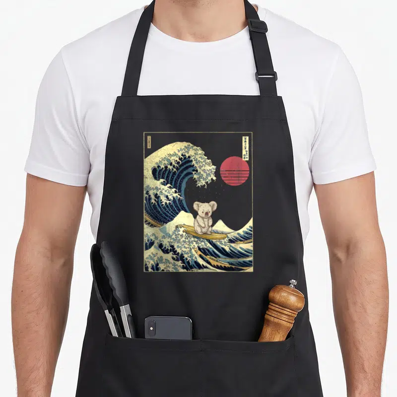 Tablier de cuisine noir avec un koala surfant sur une grande vague bleue style gravure japonaise.