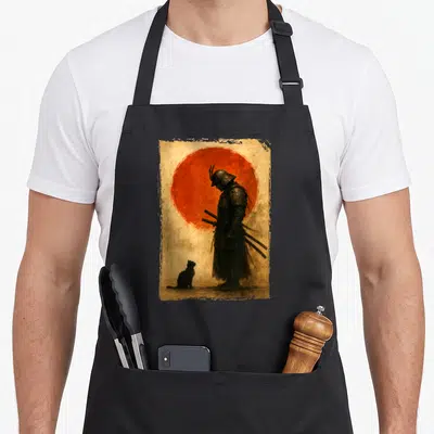 Tablier de cuisine noir avec illustration d'un samouraï et d'un chat noir devant un soleil rouge sur fond vieilli.