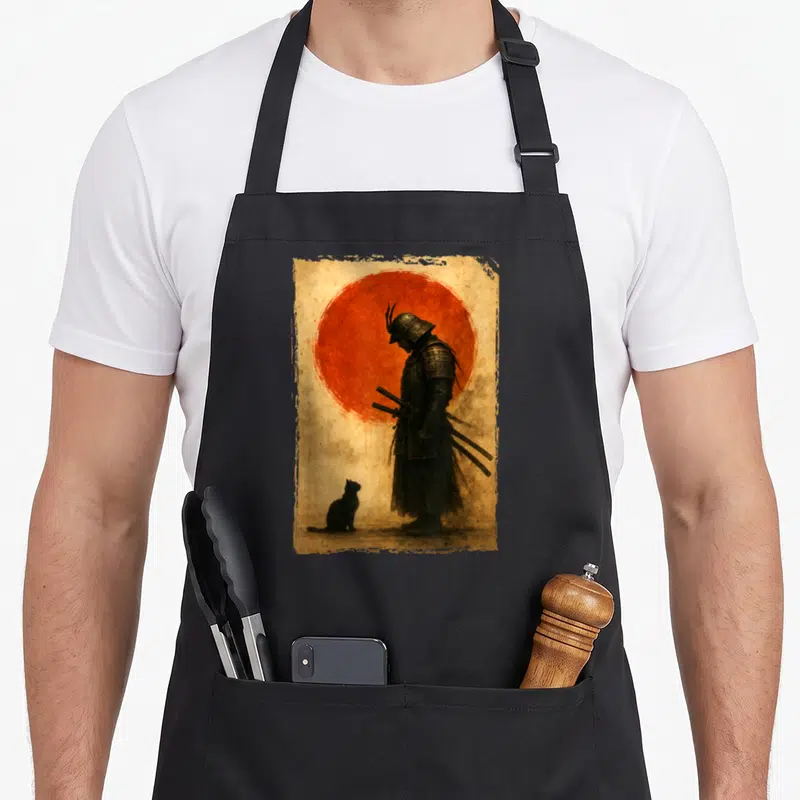 Tablier de cuisine noir avec illustration d'un samouraï et d'un chat noir devant un soleil rouge sur fond vieilli.