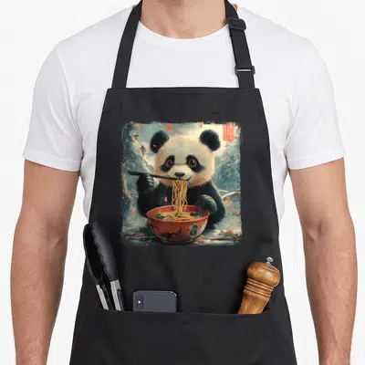Tablier de cuisine noir avec illustration d'un panda mangeant des nouilles dans un bol rouge sur fond de paysage japonais.