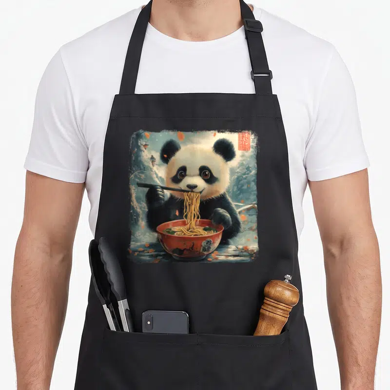 Tablier de cuisine noir avec illustration d'un panda mangeant des nouilles dans un bol rouge sur fond de paysage japonais.