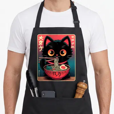 Tablier de cuisine noir avec illustration d'un chat noir mangeant des nouilles de ramen avec des baguettes dans un bol rouge.
