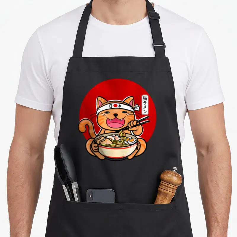 Tablier de cuisine noir avec illustration d'un chat mangeant du ramen et portant un bandeau Japan
