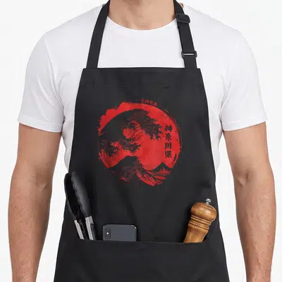 Tablier de cuisine noir avec reproduction rouge et grise de la Grande Vague de Hokusai et idéogrammes japonais.