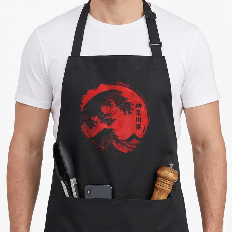 Tablier de cuisine noir avec reproduction rouge et grise de la Grande Vague de Hokusai et idéogrammes japonais.