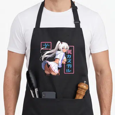 Tablier de cuisine noir avec illustration anime waifu aux cheveux blancs et mini jupe