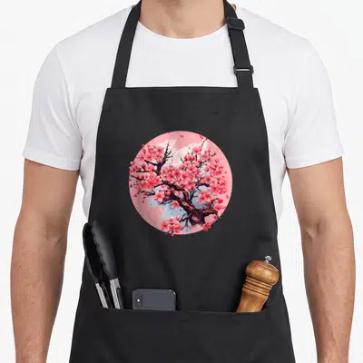 Tablier de cuisine noir avec illustration circulaire d'un cerisier en fleurs roses et un temple japonais en arrière-plan.