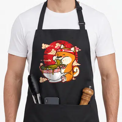 Tablier de cuisine noir avec illustration d'un chien Shiba Inu mangeant des nouilles de ramen devant un soleil rouge.