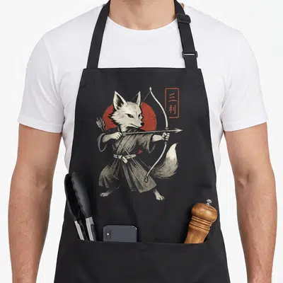 Tablier de cuisine noir avec illustration d'un renard archer en kimono devant un disque solaire rouge et des caractères japonais.