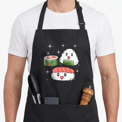 Tablier de cuisine noir avec trois pièces de sushi kawaii aux visages souriants et des étoiles scintillantes autour.