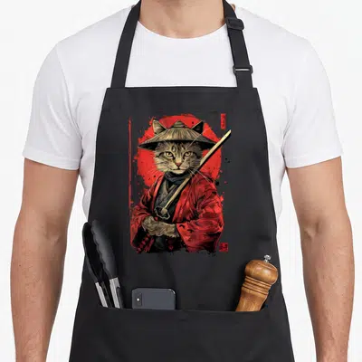 Tablier de cuisine noir avec illustration d'un samouraï chat vintage drôle japonais au kimono rouge.