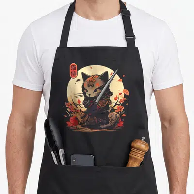 Tablier de cuisine noir avec illustration chat samouraï katana et fleurs de sakura rouges.