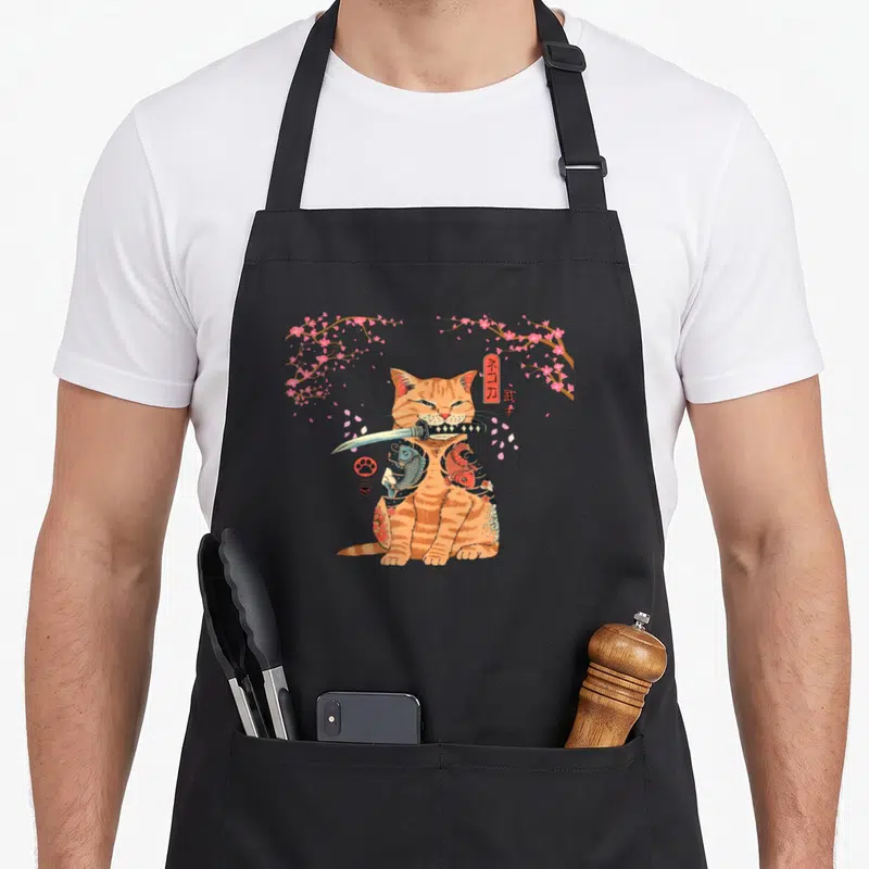Tablier de cuisine noir avec illustration d'un chat orange tatoué samurai ninja tenant une katana sous des fleurs de sakura roses.