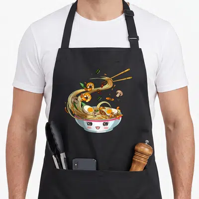 Tablier de cuisine noir avec illustration d'un bol de ramen kawaii aux ingrédients en suspension et chopsticks dorés.
