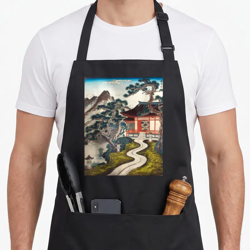 Tablier de cuisine noir avec illustration d'un temple bouddhiste japonais entouré de pins et de montagnes dans un style vintage.