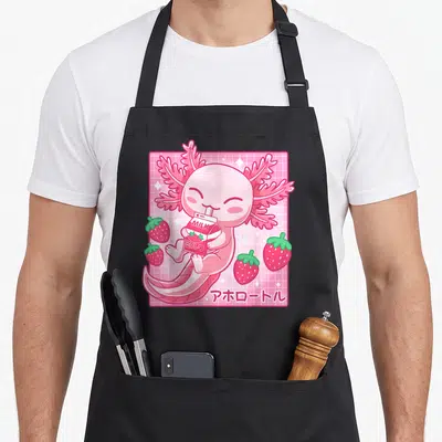 Tablier de cuisine noir avec illustration d'un axolotl rose buvant du lait de fraise dans un carton japonais surrounded de strawberries.