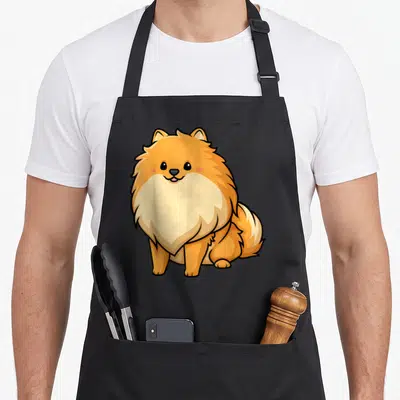 Tablier de cuisine noir avec illustration d'un chien Poméranie kawaii aux couleurs orange et crème.