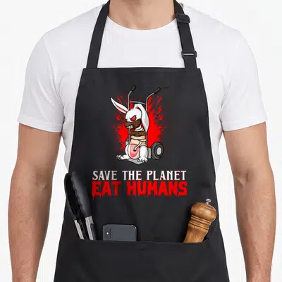 Tablier de cuisine noir avec illustration d'un lapin blanc agressif et texte Save The Planet Eat Humans
