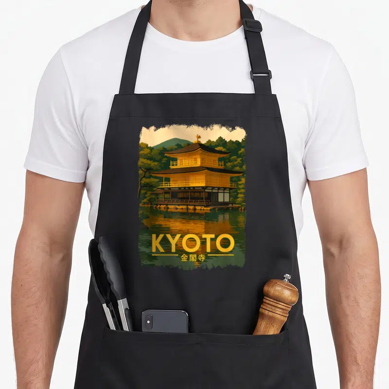 Tablier de cuisine noir avec illustration du temple Kinkaku-ji de Kyoto et texte doré KYOTO.