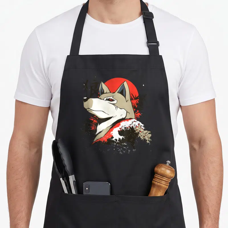 Tablier de cuisine noir avec illustration d'un loup blanc devant un soleil rouge et des vagues.