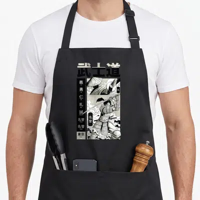 Tablier de cuisine noir avec illustration manga samouraï brandissant une katana et des caractères japonais.