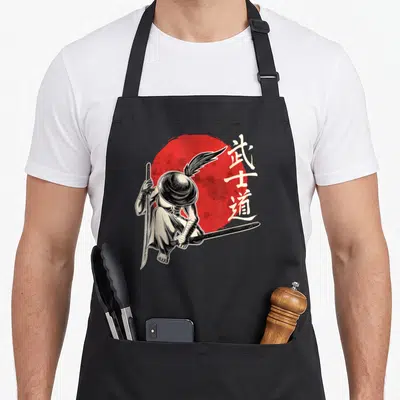 Tablier de cuisine noir avec illustration samouraï genouillé tenant une katana devant un cercle rouge et des idéogrammes blancs.